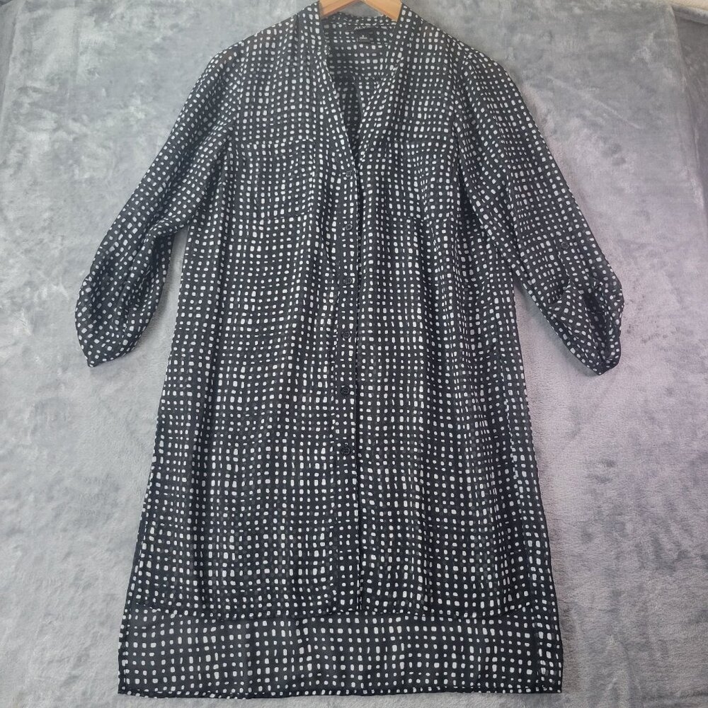 Alyx Womens Sheer Shirt Dress Black White Dot Print‎ Button Front Size S Career